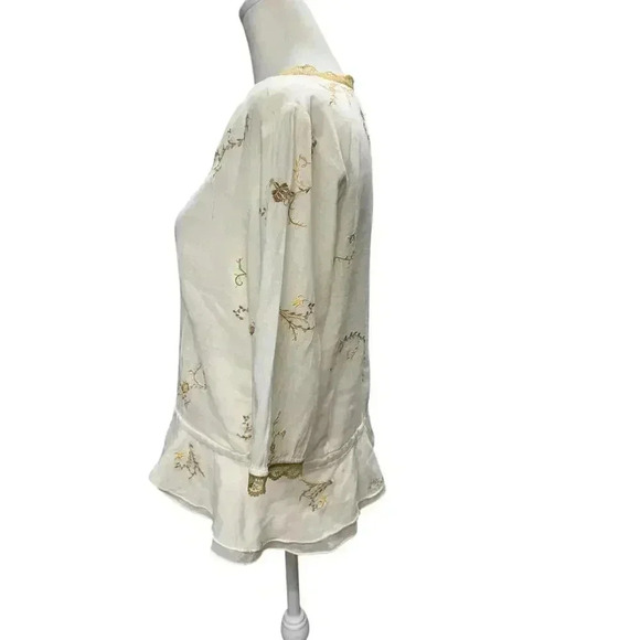 Feminine Light Cotton Deep V Short Sleeve Embroidered Button Closure Scalloped - Picture 5 of 15